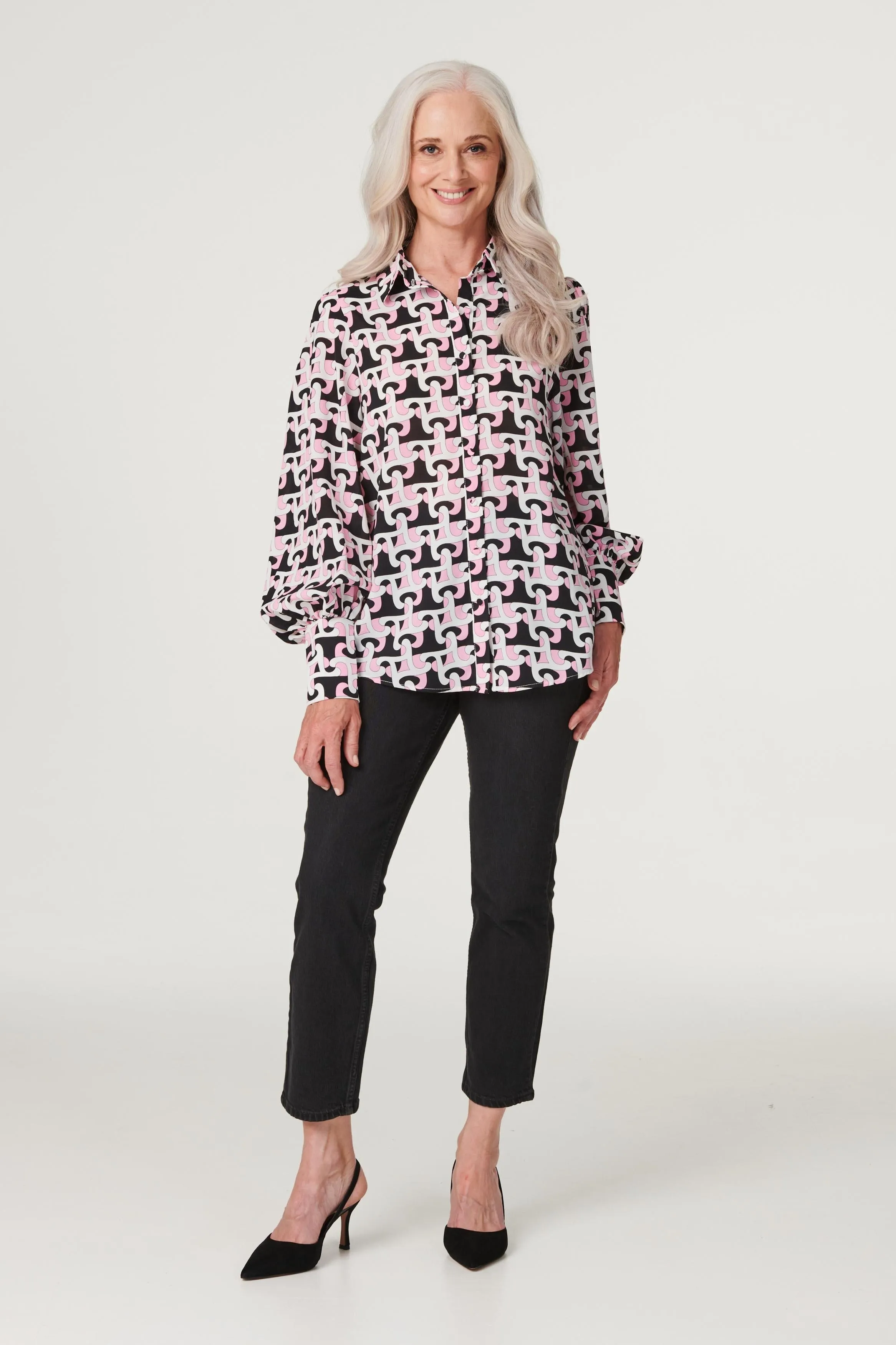 Geo Print Puff Sleeve Shirt