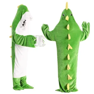 Green Dinosaur Animal Sleeping Bag Loose Onesies Pajamas Adult Super Soft Fleece Hoodie