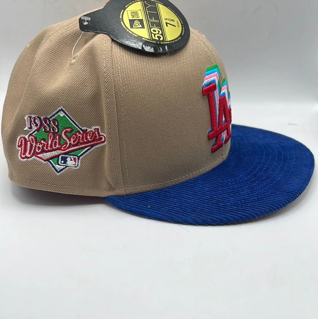 Los Angeles Dodgers MLB Brown Royal Blue Corduroy Bill 1988 WS Patch Orange Suede UV Fitted Hat