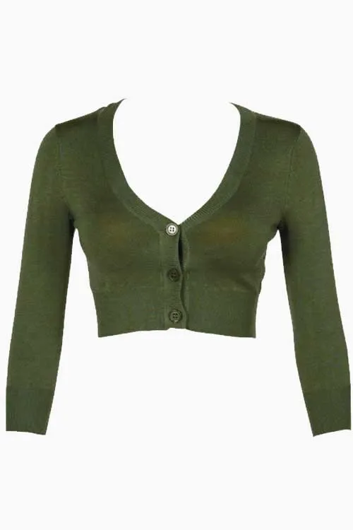 MAK Sweaters Cropped Cardigan with 3/4 Sleeves in Hunter Green