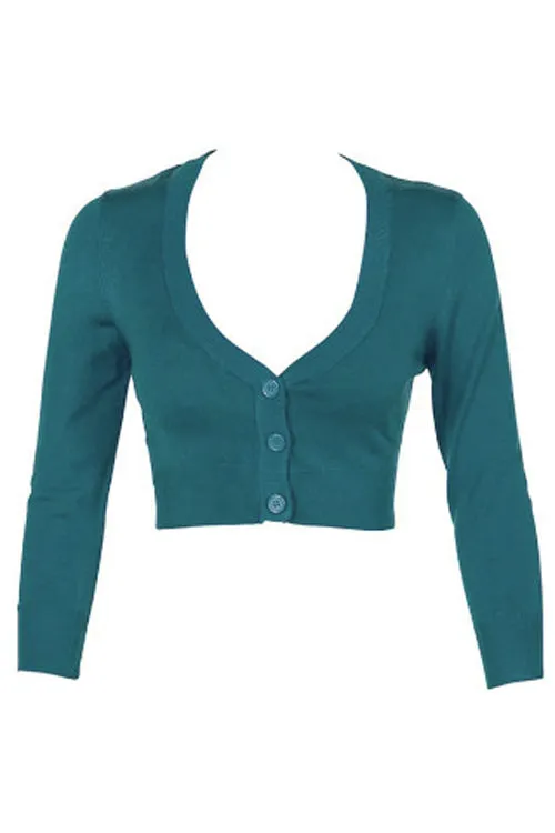 MAK Sweaters Cropped Cardigan with 3/4 Sleeves in Teal Blue