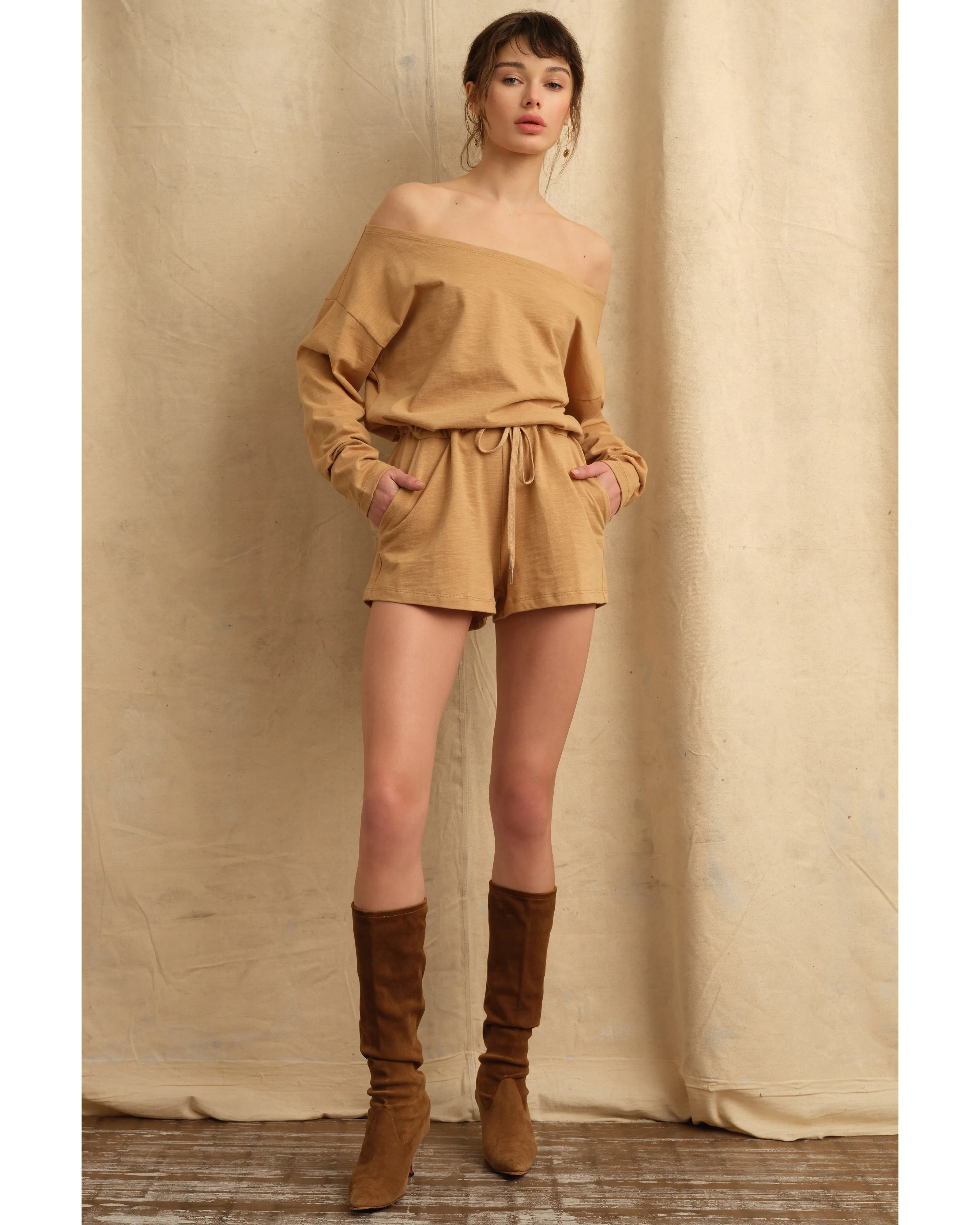 Marlo Drop Shoulder Knit Romper in Sedona