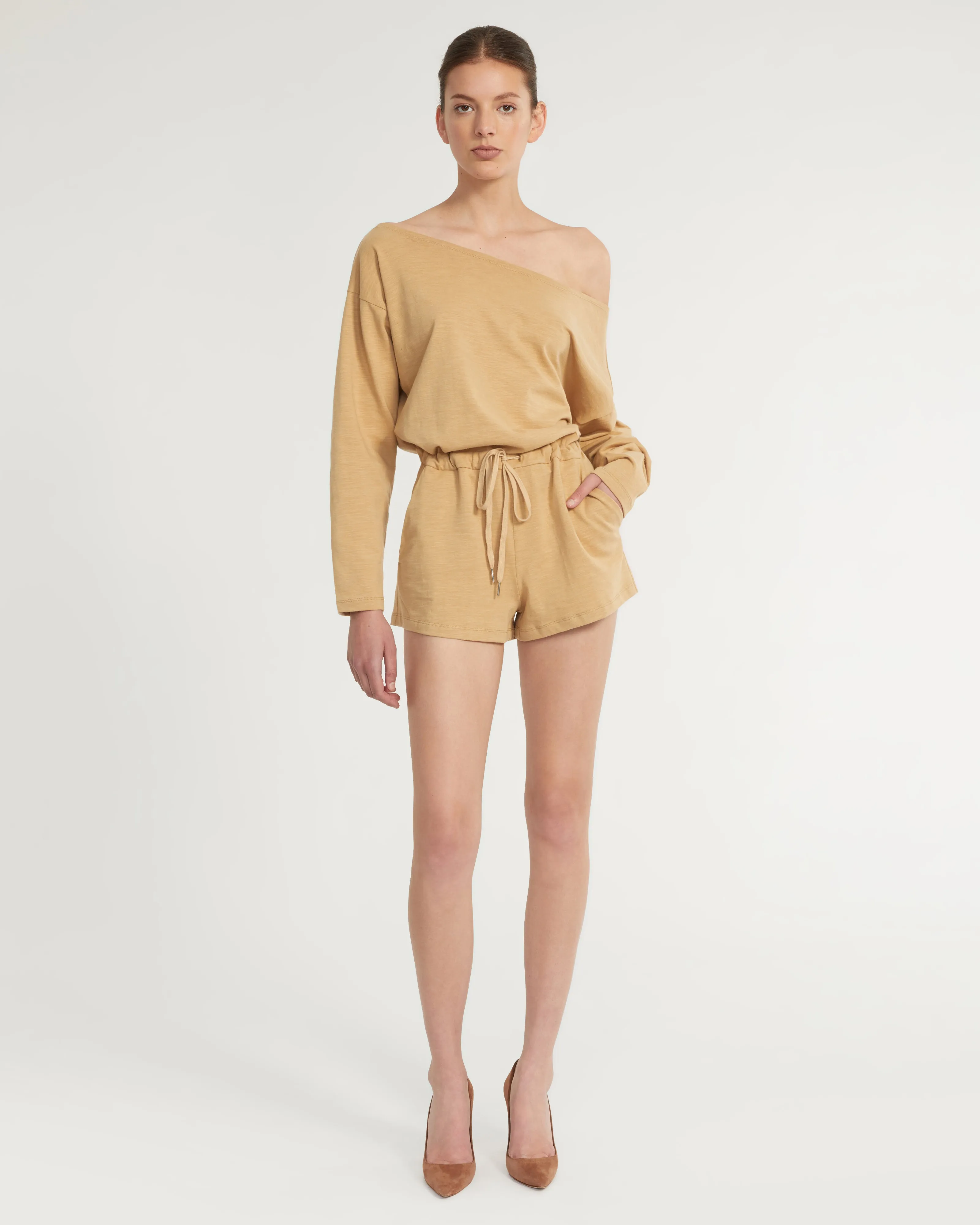 Marlo Drop Shoulder Knit Romper in Sedona