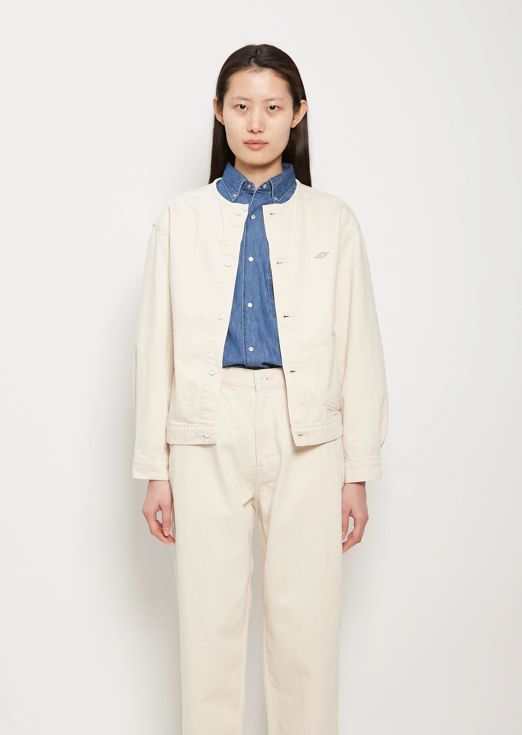 No Collar Cotton Blouson — Ecru