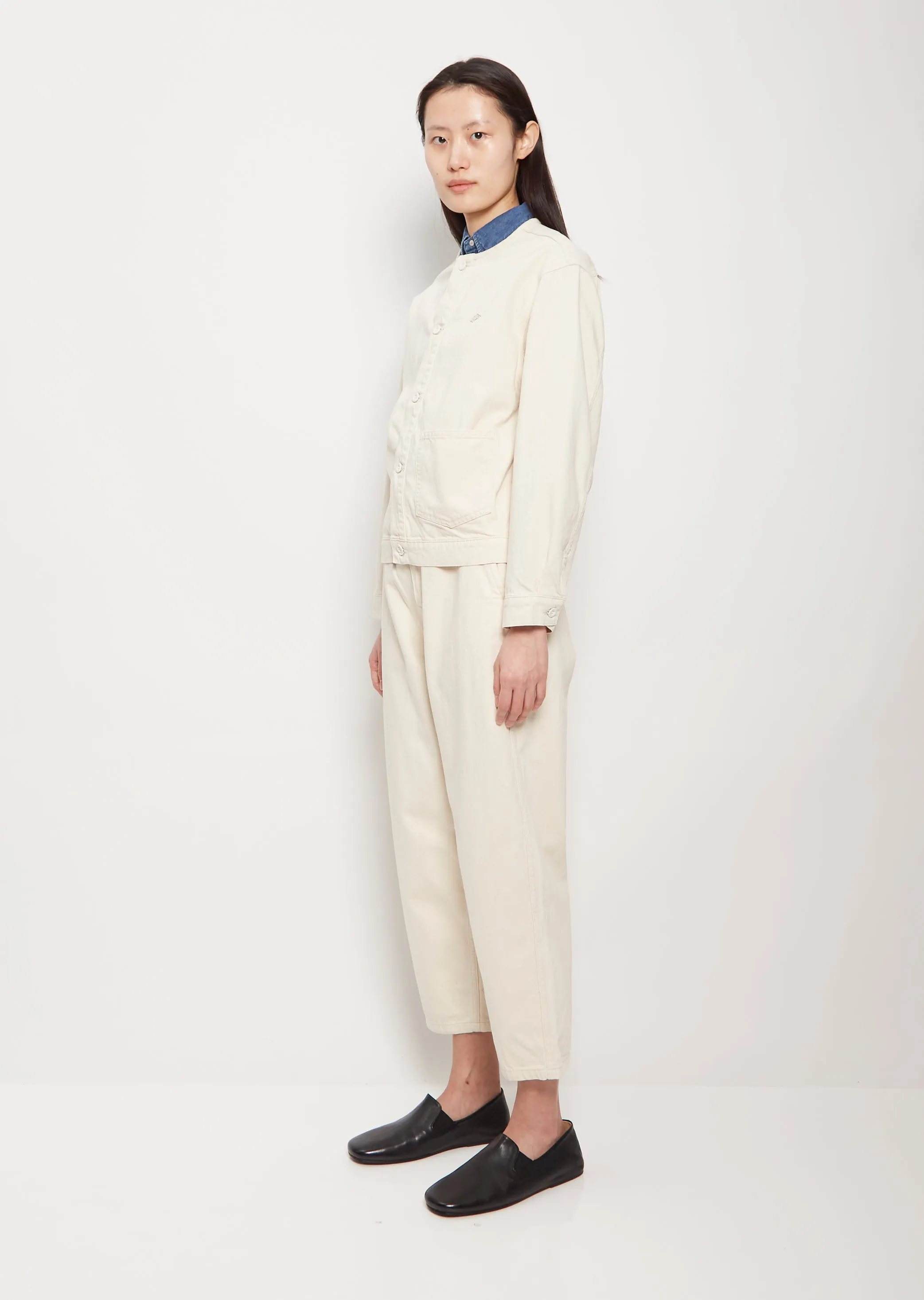 No Collar Cotton Blouson — Ecru