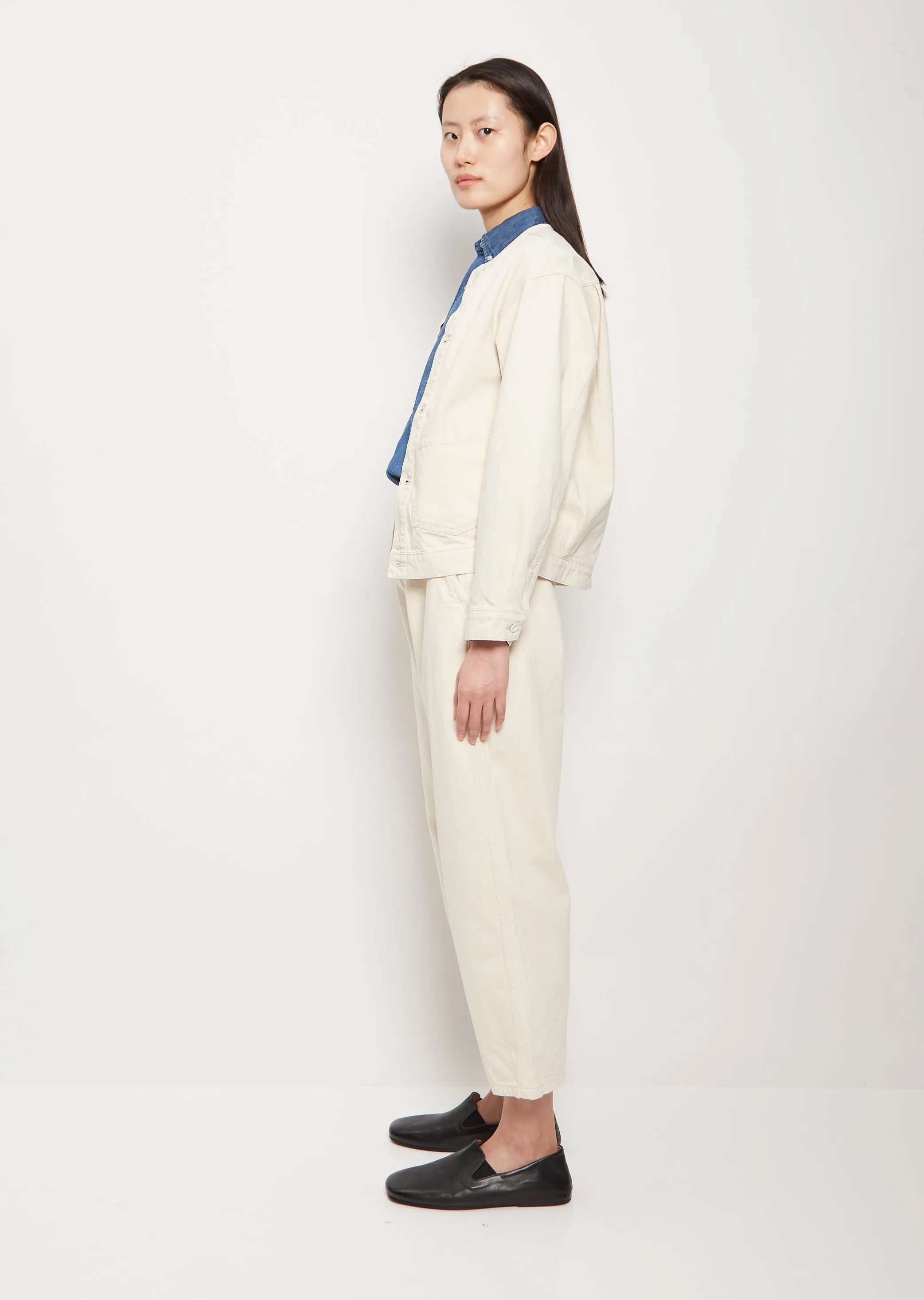 No Collar Cotton Blouson — Ecru