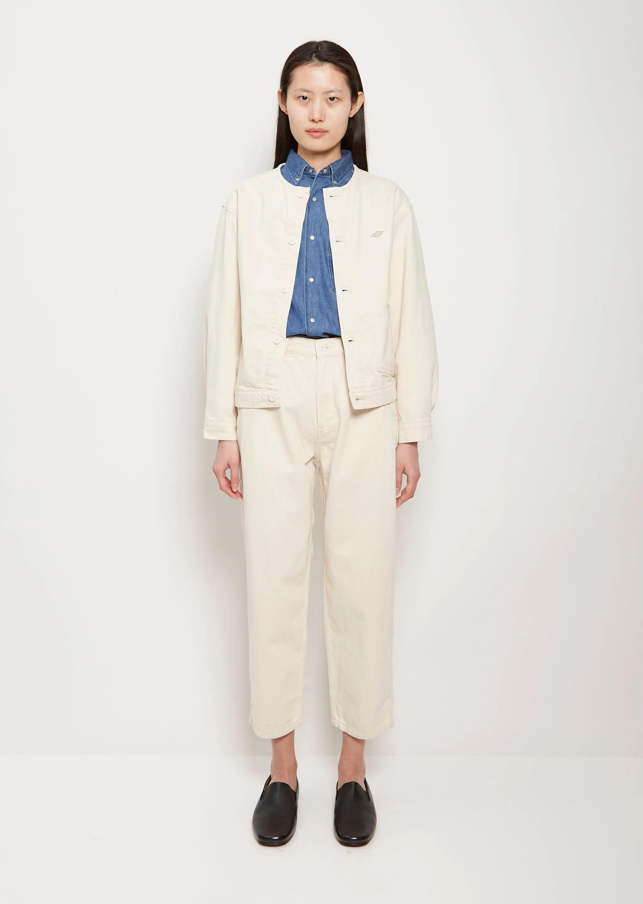 No Collar Cotton Blouson — Ecru