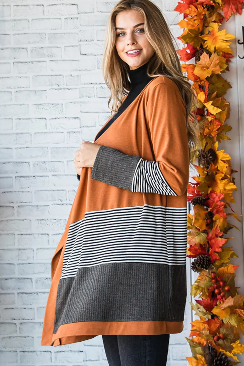 Orange Colorblock Striped Patchwork Open Cardigan