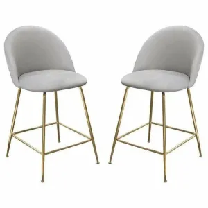 Set of 2 Counter Height Chairs in Grey Velvet Gold Metal Legs