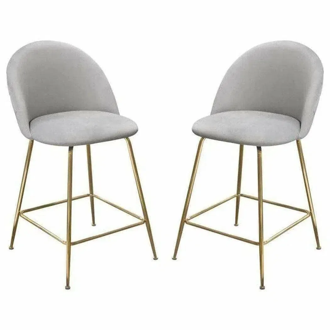 Set of 2 Counter Height Chairs in Grey Velvet Gold Metal Legs