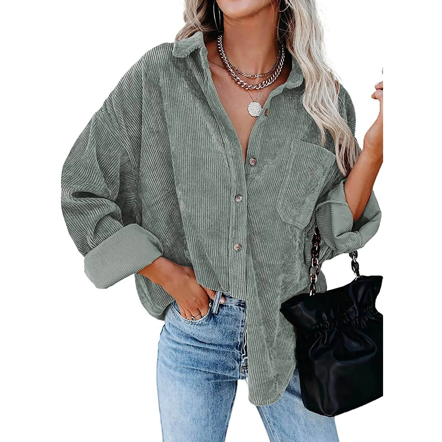 Sidefeel Women Corduroy Long Sleeve Button Down Shirt Oversized Jacket Tops