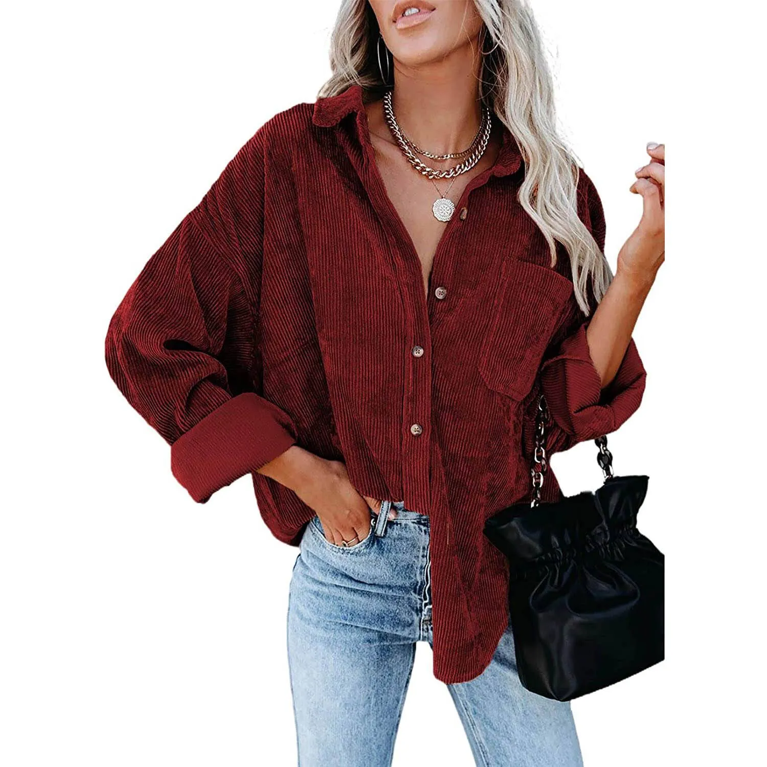 Sidefeel Women Corduroy Long Sleeve Button Down Shirt Oversized Jacket Tops