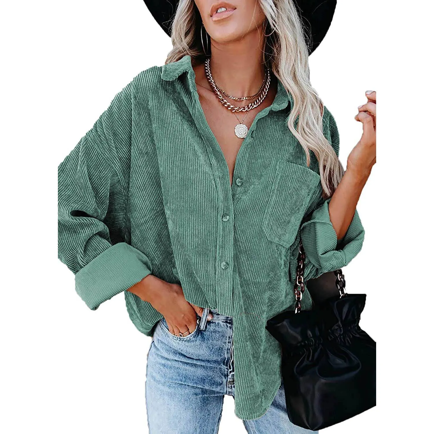 Sidefeel Women Corduroy Long Sleeve Button Down Shirt Oversized Jacket Tops