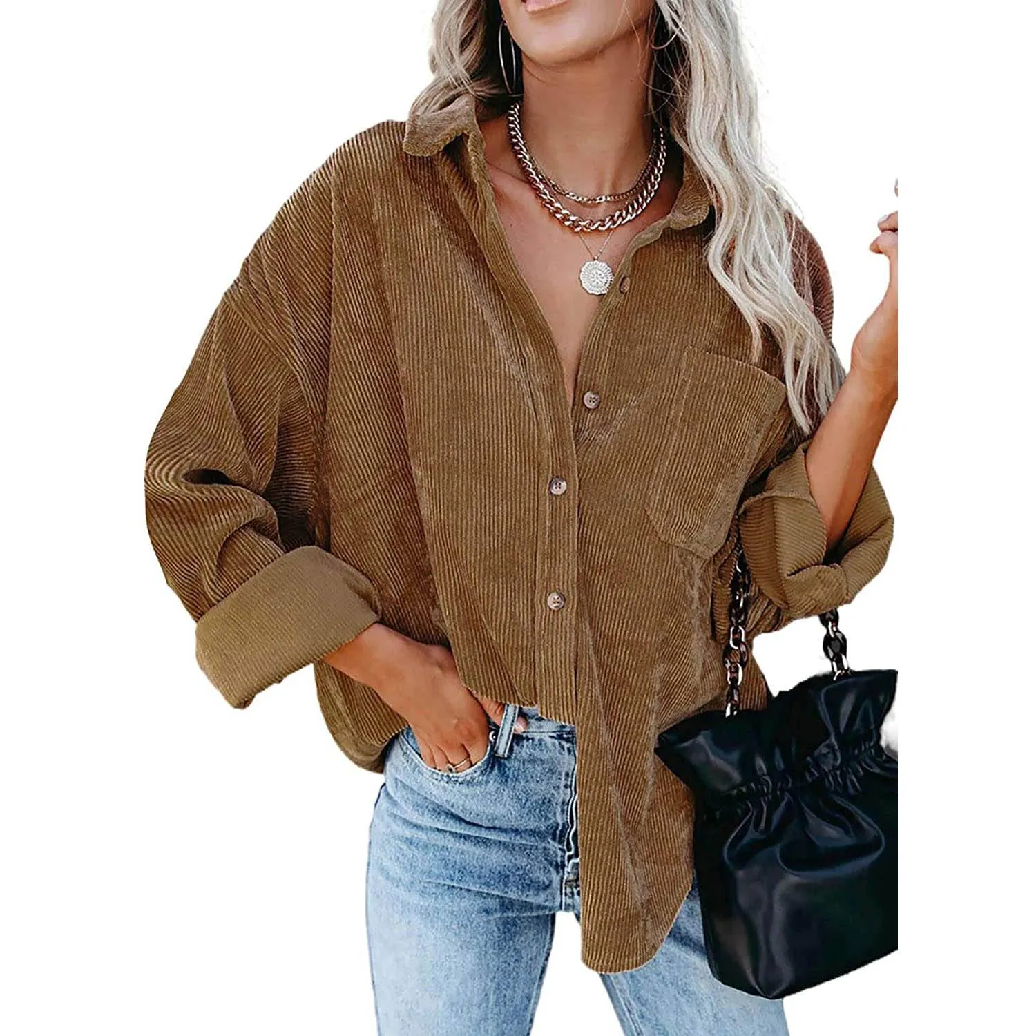 Sidefeel Women Corduroy Long Sleeve Button Down Shirt Oversized Jacket Tops