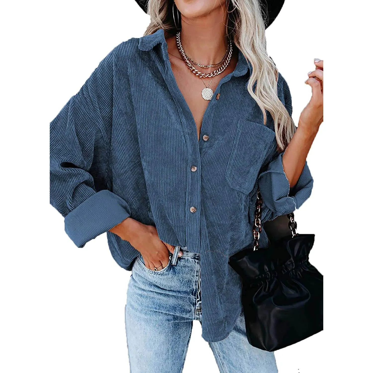 Sidefeel Women Corduroy Long Sleeve Button Down Shirt Oversized Jacket Tops