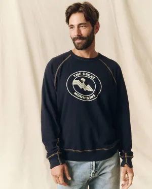 The Men's College Sweatshirt. Graphic -- Stargazer Blue with Mountain Resort Graphic