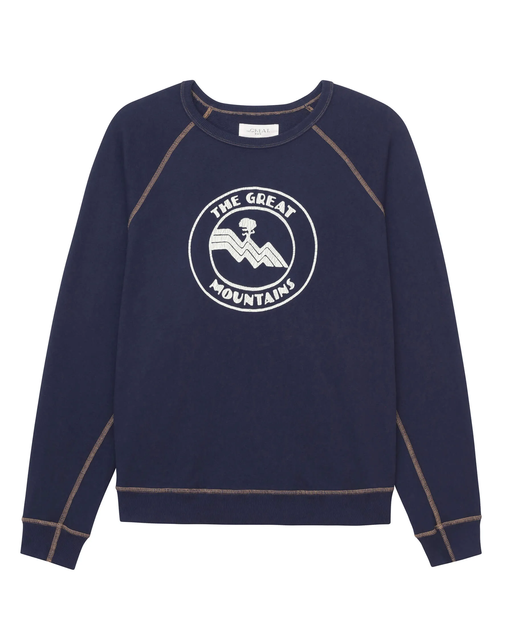 The Men's College Sweatshirt. Graphic -- Stargazer Blue with Mountain Resort Graphic