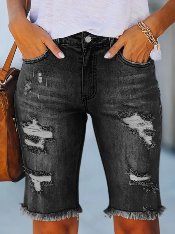 Women's Longer Length Distressed Loose Denim Shorts