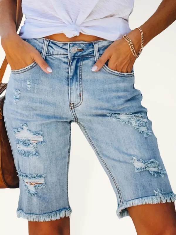 Women's Longer Length Distressed Loose Denim Shorts